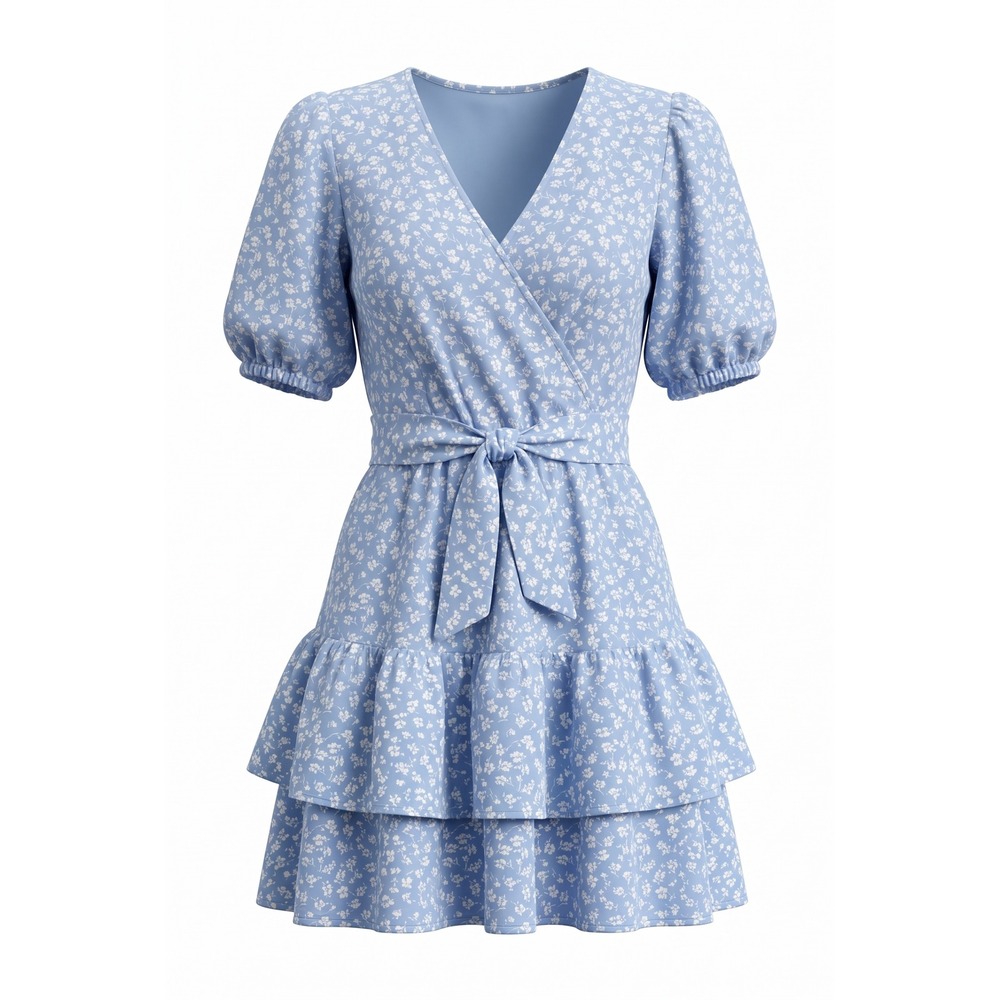 Sienna Sky Blue White Floral Faux Wrap Tiered Ruffle Mini Dress Small 02CDR1262